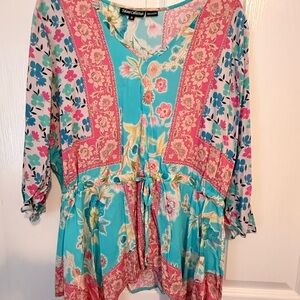 Tolani Vittoria Aqua Floral Drawstring Waist Handkerchief Hem Tunic Size Medium